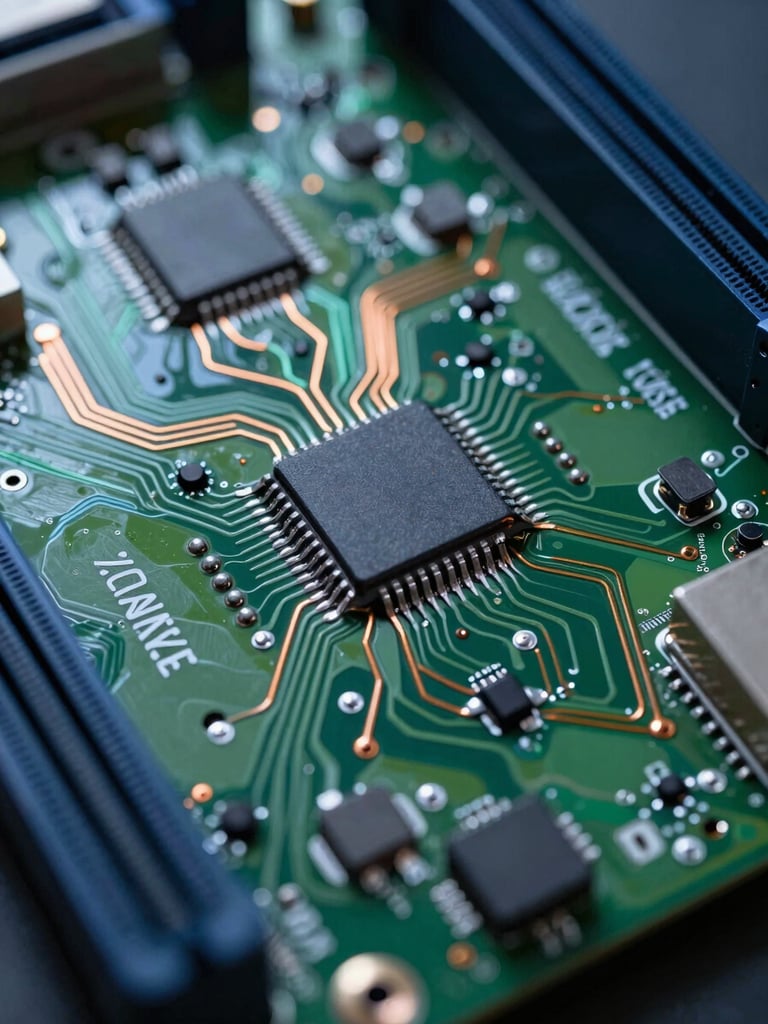 Extreme macro shot of a green motherboard under cool laboratory light, focusing on copper traces and soldered micro-components, technical blueprint style.