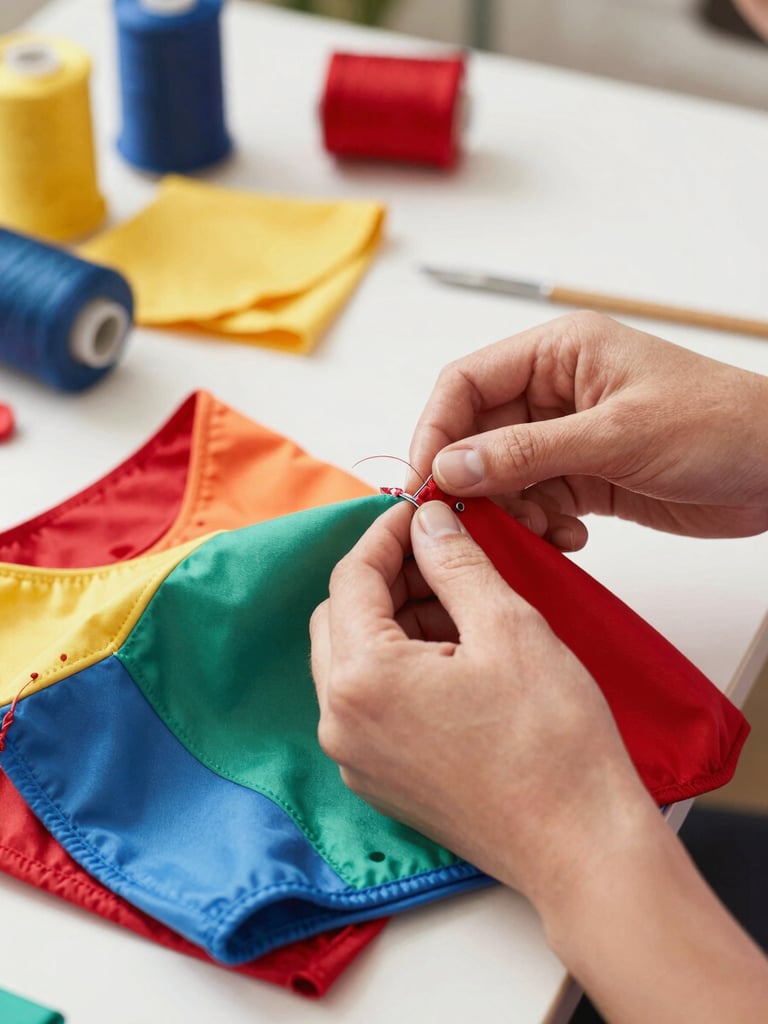 Close-up of hands sewing a colorful pet garment in a bright family workshop in Celaya, vibrant fabrics, warm natural light
