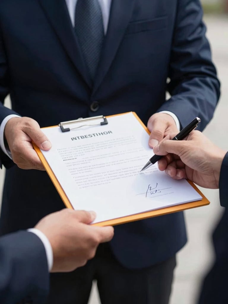 Hands exchanging a sealed document folder with a signed paper receipt protocol, clear focus on the physical signature, bright natural daylight, 35mm lens