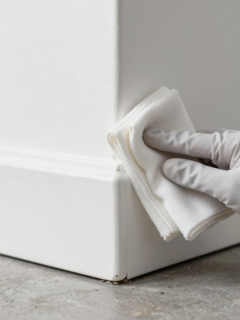 Extreme close-up of a gloved hand wiping a freshly cleaned baseboard corner, task lighting from above revealing a perfectly dust-free white surface against bare concrete floor, no people visible beyond the hand, clinical studio-level clarity
