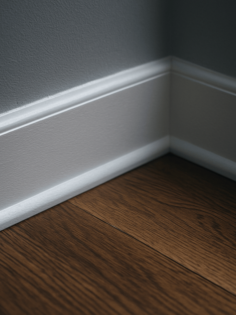 Extreme close-up of a freshly cleaned baseboard meeting a hardwood floor corner, task lighting raking across the surface to reveal the dust-free edge—cool overhead light, no warm tones, deep focus on the crisp line where wall meets floor