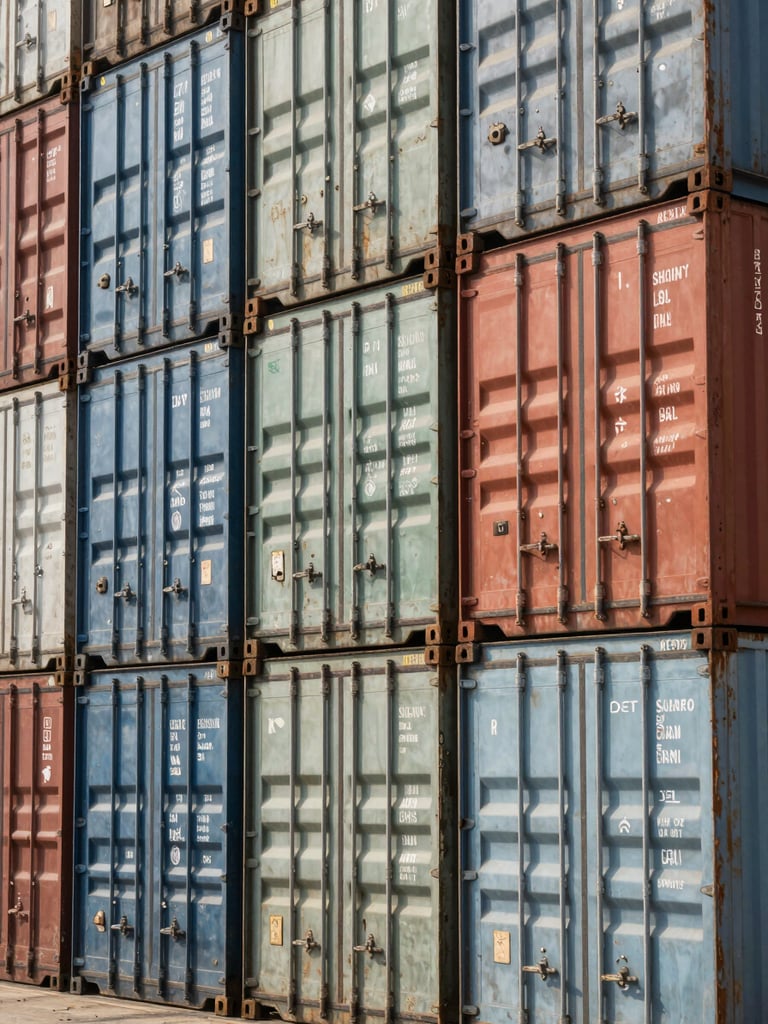 Macro detail shot of industrial shipping containers stacked at a modern deepwater port in Oman, high-contrast natural light.