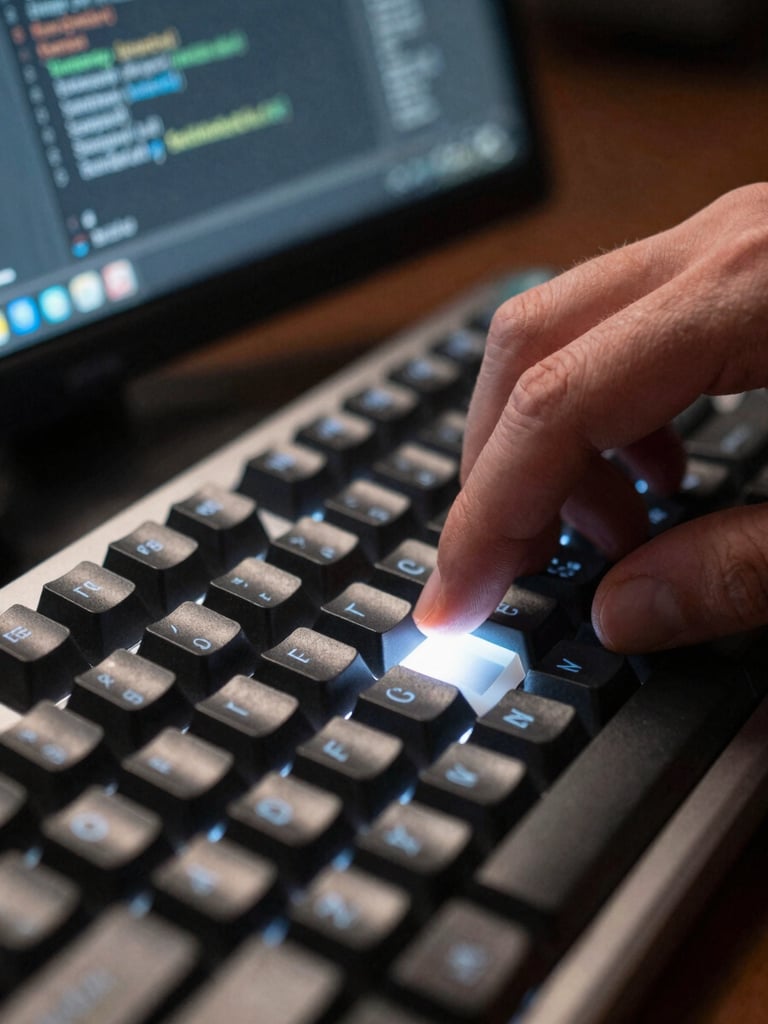Extreme close-up of fingers on a mechanical keyboard, screen glow reflecting off keys, a JavaScript function visible on the monitor in the background, sharp overhead studio lighting, no face or body visible above the wrists
