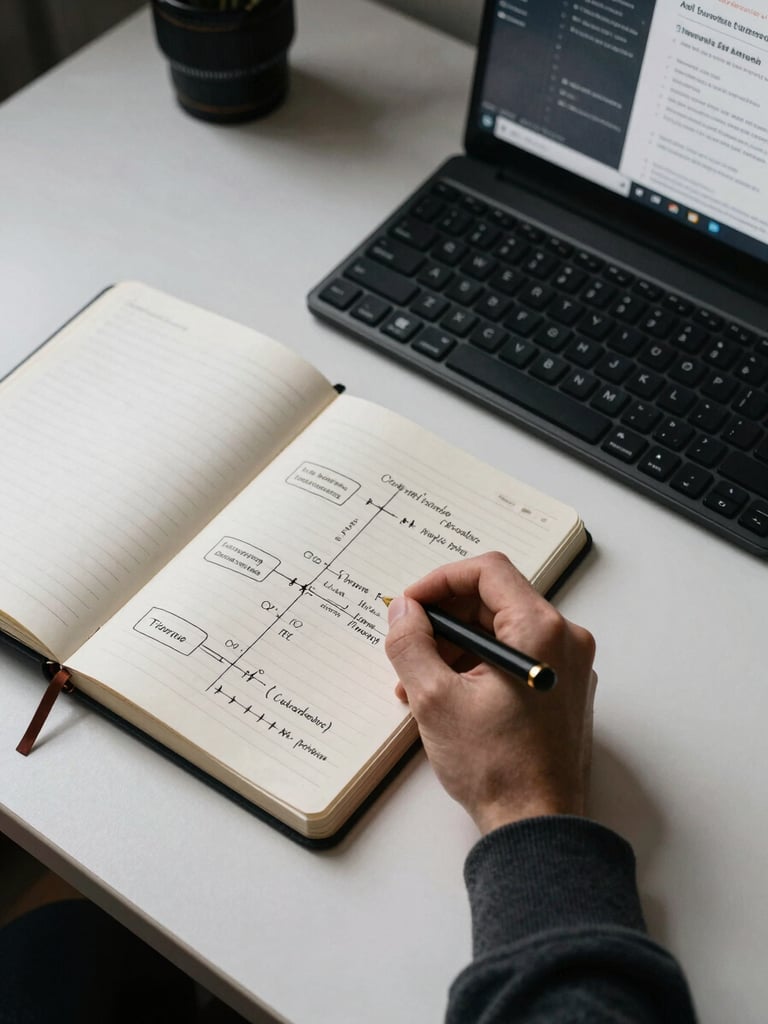Overhead studio view of a desk workspace — an open notebook with a hand-drawn curriculum map, a mechanical keyboard, and a browser window showing a job listing partially visible on screen, clean directional light from the upper left, high contrast, no people