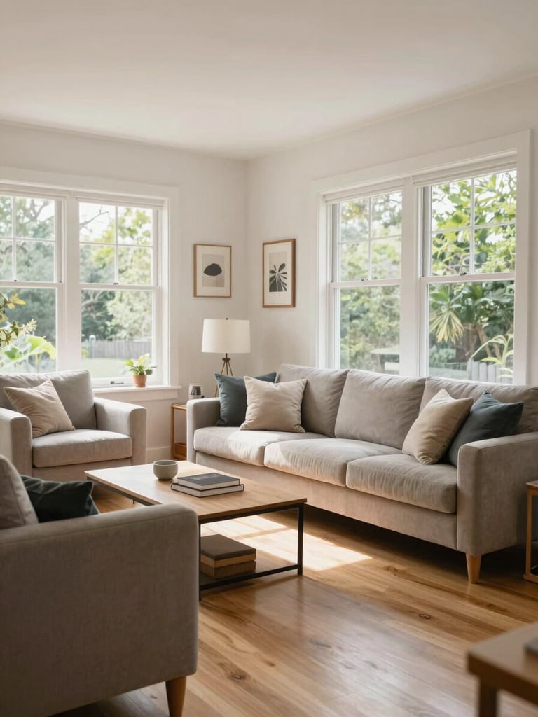 A bright, natural-light living room with comfortable modern furniture, clean wooden floors, and large windows showing green trees outside