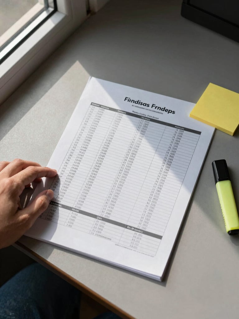 Overhead flat-lay on a matte desk surface: a printed findings report open to a data table, a hand resting on the margin with a pen, a yellow sticky note and a highlighter to the right, natural daylight from a window off-left casting a soft directional shadow across the document