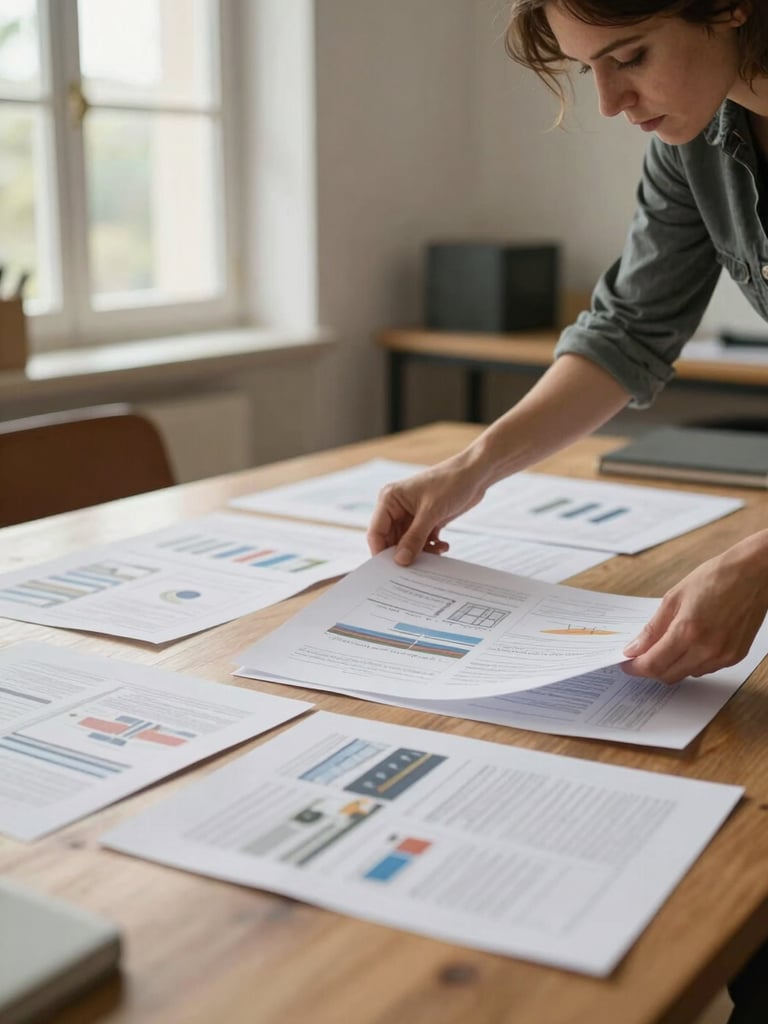 Wide environmental shot of a planning session in a bright Provençal workspace — a woman reviewing printed communication documents spread across a wooden table, soft natural window light from the left, shallow depth of field on the papers, no eye contact with camera