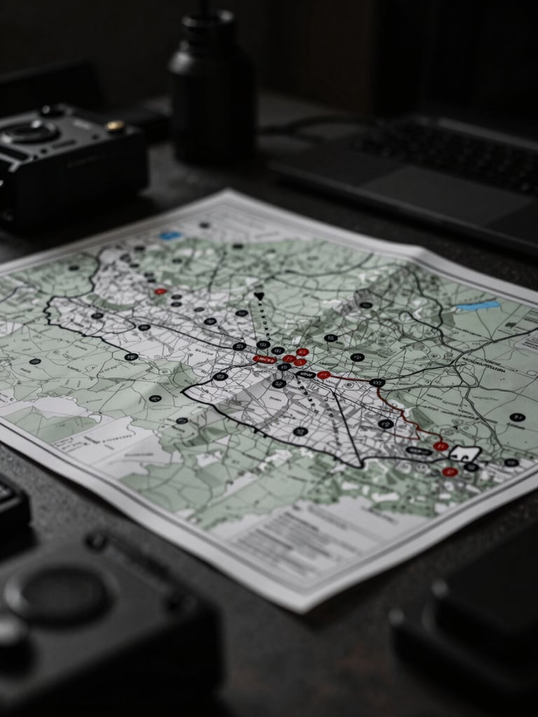 Moody tactical photography, low-key dramatic lighting, desaturated dark tones, high contrast, sharp focus, 35mm, a map of the Mid-South region with overlaid tactical markers, on a secure desk, with communication equipment blurred in the foreground.
