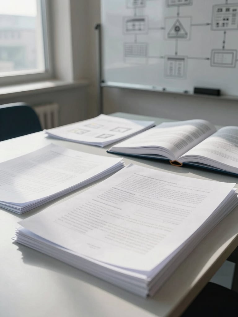 Wide environmental shot of a research workspace — a desk with layered reference papers, open books, and a whiteboard partially visible in the background covered in hand-drawn reasoning diagrams, north-facing window light casting soft shadows across the surface