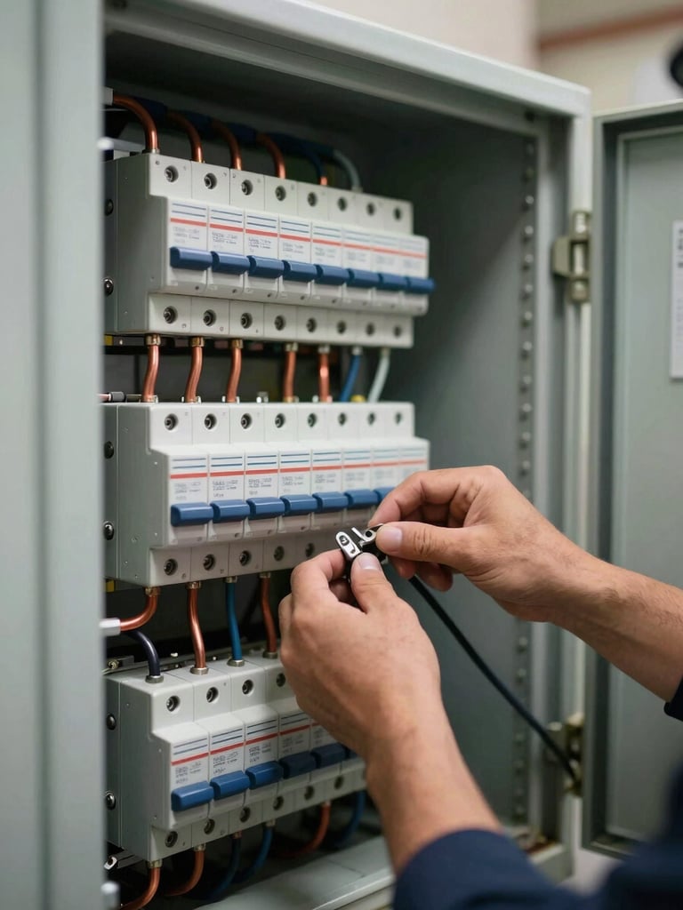 Close-up wide frame, technician's hands fastening cable lugs inside an open electrical distribution cabinet, task lighting illuminating labelled circuit breakers and copper busbars, shallow depth of field, Moroccan industrial site background visible through the open cabinet door