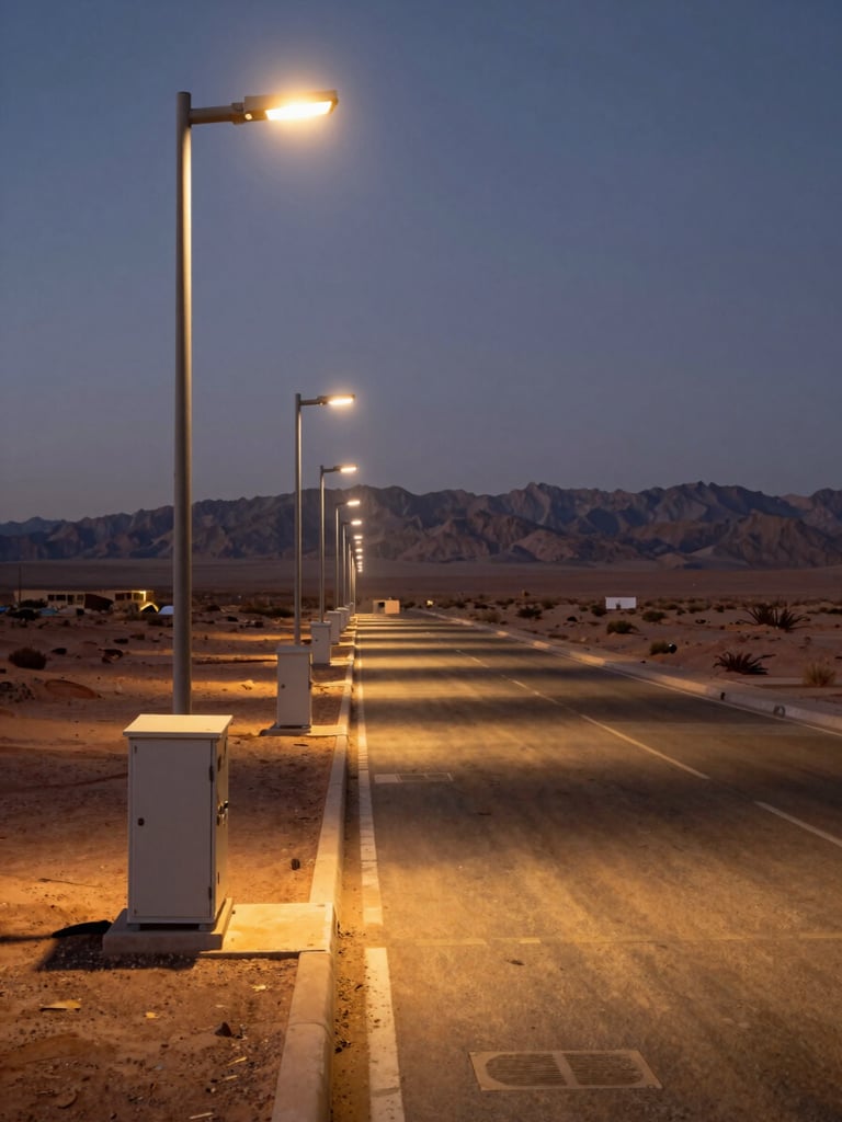 Wide environmental shot of a completed public lighting installation along a desert boulevard in Ouarzazate at dusk, rows of LED poles casting warm pools of light on tarmac, electrical distribution cabinet visible in left foreground under task lighting, long shadows across the road surface, no people, Atlas mountains faint on the horizon