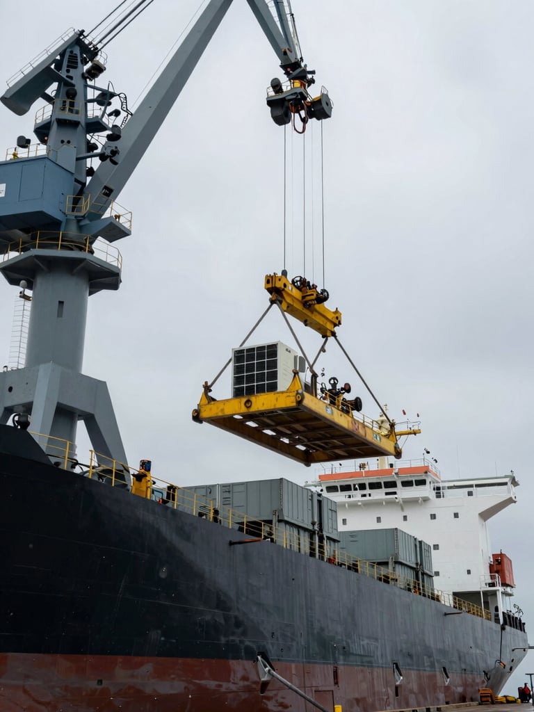 Dramatic wide-angle industrial shot of a heavy-duty air handling unit being crane-lifted onto a massive cargo vessel at an overcast shipyard, steel structures and cranes in background, cool-toned lighting.