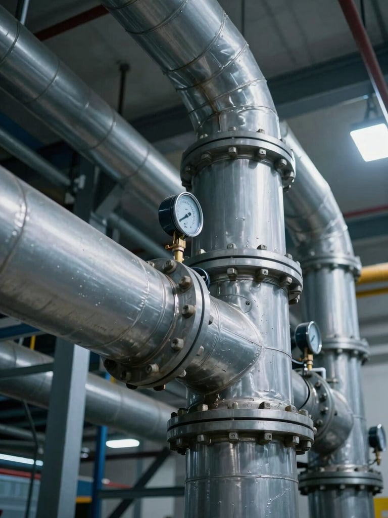 Extreme close-up of a large AHU manifold with insulated ductwork connections and pressure gauges, hard industrial ambient light, steel-gray piping with visible bolt flanges, cool color grading, shot from a low angle showing the scale of the installation inside a factory plant room