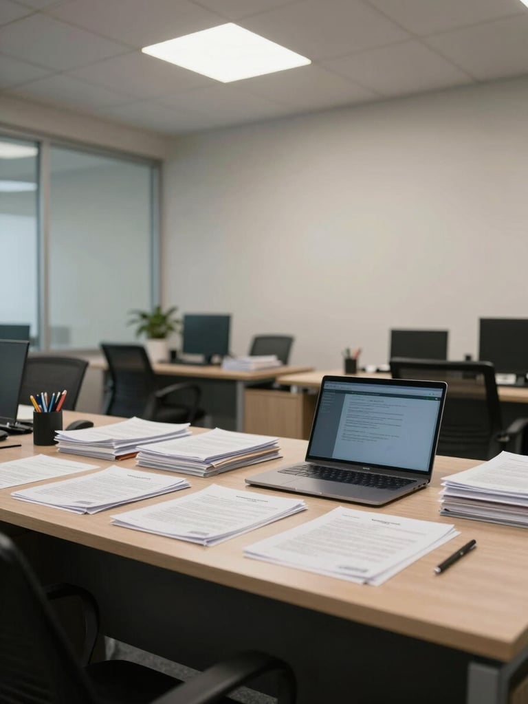 Wide shot of a clean corporate office interior, organized desk with legal documents and a laptop under cool overhead lighting, neutral tones, no people, professional and precise atmosphere