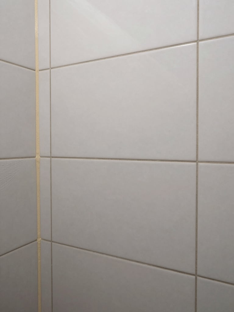 Close-up of large-format tile installation in a bathroom shower niche, grout lines fresh and even, natural overcast daylight, trowel marks visible on adjacent mortar bed, documentary framing