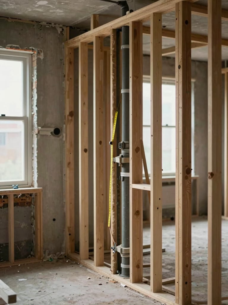 In-progress renovation site showing exposed wall framing and old plumbing rough-in, natural ambient light from open window, measuring tape visible on stud, matter-of-fact documentary framing, neutral grading