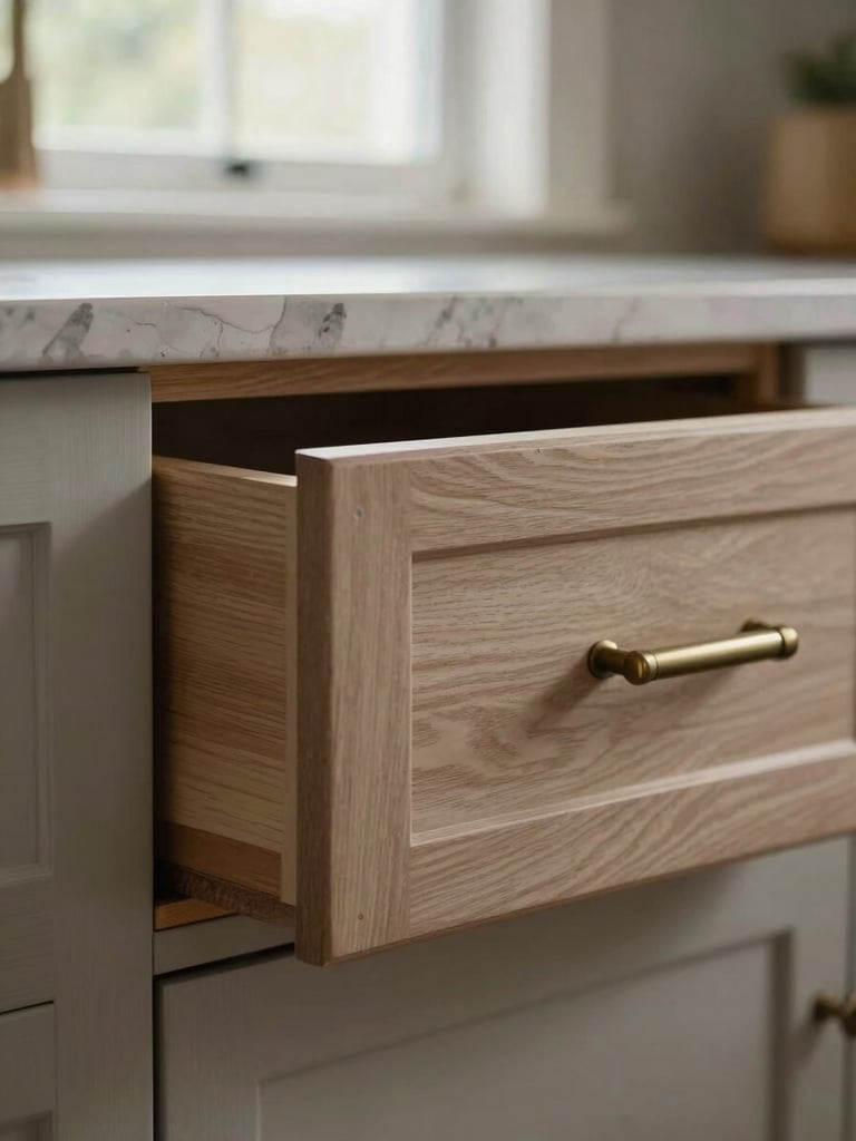Close-up of cabinet joinery and drawer pull on newly installed shaker-style kitchen cabinetry, natural daylight from a north-facing window, visible wood grain and hardware detail, neutral grading