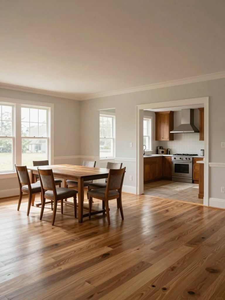 Wide environmental shot of an open-plan living and dining room at completion, freshly painted trim, new hardwood floor extending into kitchen beyond, natural daylight through large windows, unretouched neutral grading