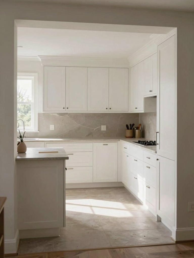 Wide environmental shot of a completed kitchen renovation in natural daylight, white shaker cabinetry with visible hardware detail, stone countertop surface, no staging or decorative objects, neutral color grading, shot from the doorway showing full room depth