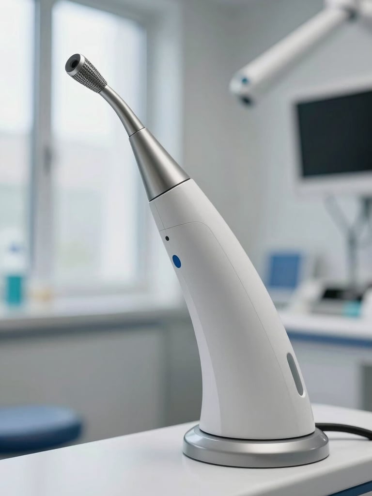 Macro detail of a high-tech 3D dental scanner wand, clean modern operatory background, soft natural window lighting, sterile clinical environment