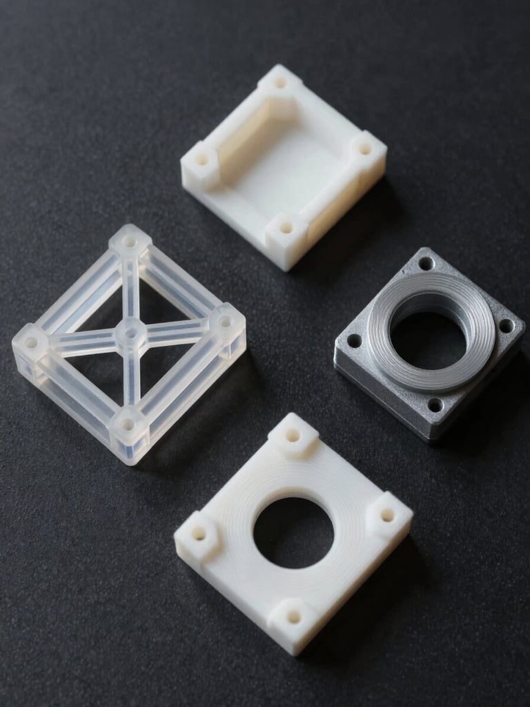 Overhead flatlay on matte black surface: three finished 3D-printed parts of varying complexity arranged in a precise triangle — white PLA geometric bracket, translucent resin lattice component, grey nylon structural fitting — studio-bright even light exposing layer lines and surface texture, no shadows