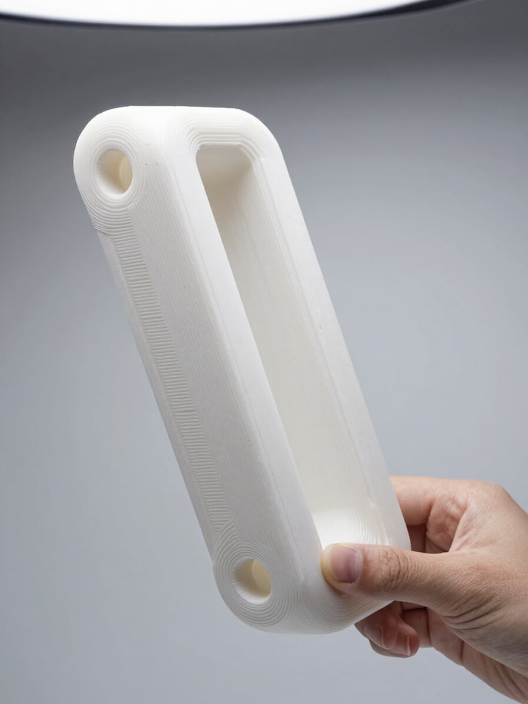Side-profile close-up of a complex white 3D-printed mechanical bracket held at arm's length against a neutral light grey studio background, showing crisp layer lines and support removal marks, studio-bright even overhead light, depth of field on the surface detail at 2cm