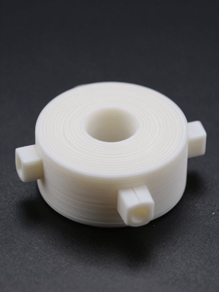 Extreme close-up flatlay of a precision 3D-printed white PLA mechanical part on a matte black surface, studio-bright even light exposing every layer line and surface ridge, depth of field 2cm, shot directly overhead, no shadows
