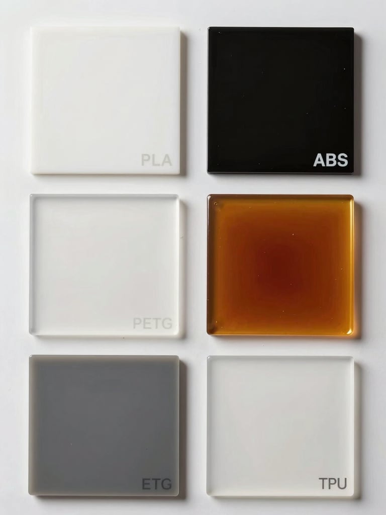 Direct overhead flatlay of a material sample board: six distinct polymer swatches — white PLA, black ABS, translucent PETG, grey nylon, resin amber, flexible TPU — arranged in a precise grid on a white surface, studio-bright even light revealing texture and finish variation