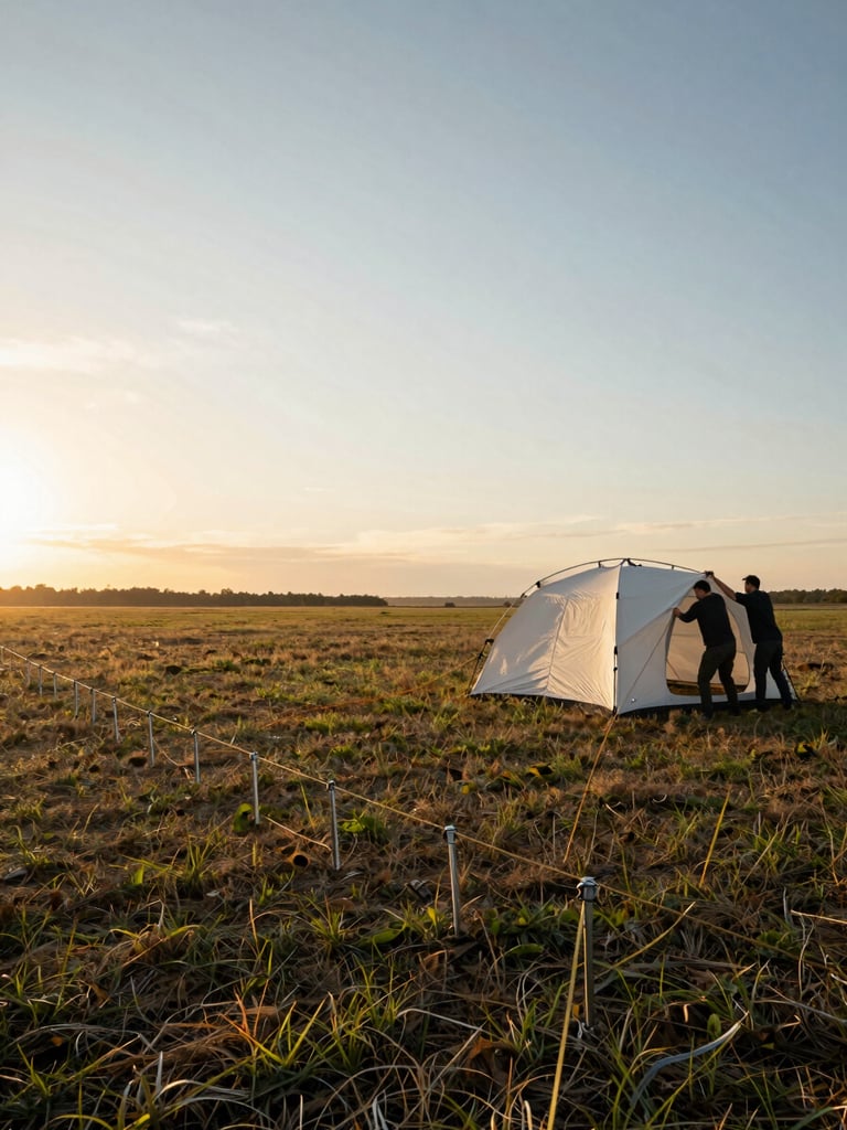 Wide environmental shot looking across an open field, a white frame tent being raised by a two-person crew on the right side of frame, aluminum stakes and guide ropes in the foreground, natural morning light, warm golden-hour sun low on the horizon, generous sky above