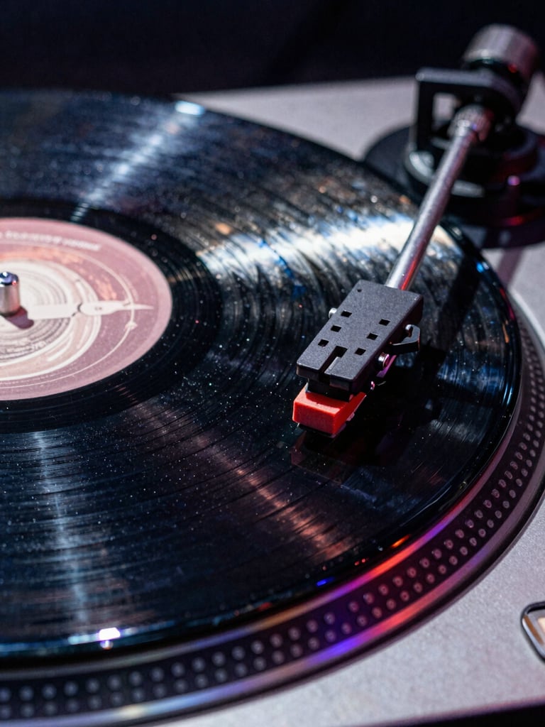 Close-up of a turntable needle riding a black vinyl record groove, dust motes caught in a sharp shaft of light, gritty texture.