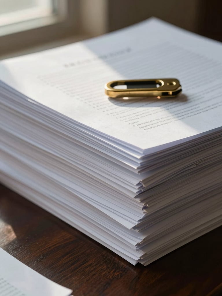 Close-up detail of stacked legal case files and bound documents on a dark wooden desk, a brass letter opener resting across the top folder, north-facing window light raking across the surface from the left, deep focus on the texture of the paper and the weight of the files