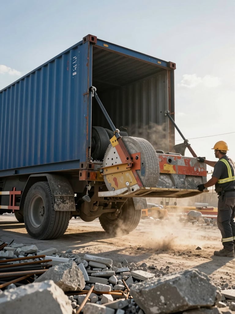 Close-up ground-level view of a roll-off container being lowered onto an active Miami construction site at early morning light, a crew member's back visible directing placement, concrete rubble and rebar visible in the foreground, dust catching the low sun