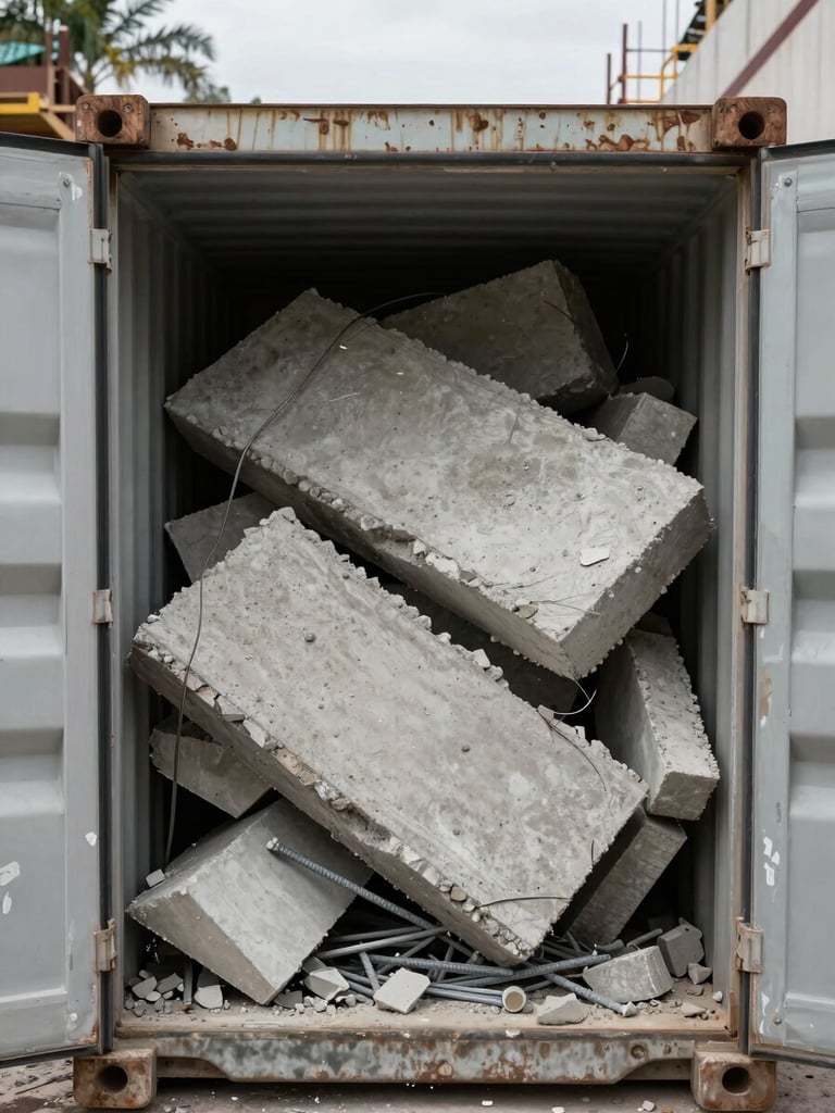 Close-up elevated view looking down into an open 40-yard roll-off container packed with broken concrete slabs and twisted rebar at a Miami construction site, natural daylight, gritty texture visible