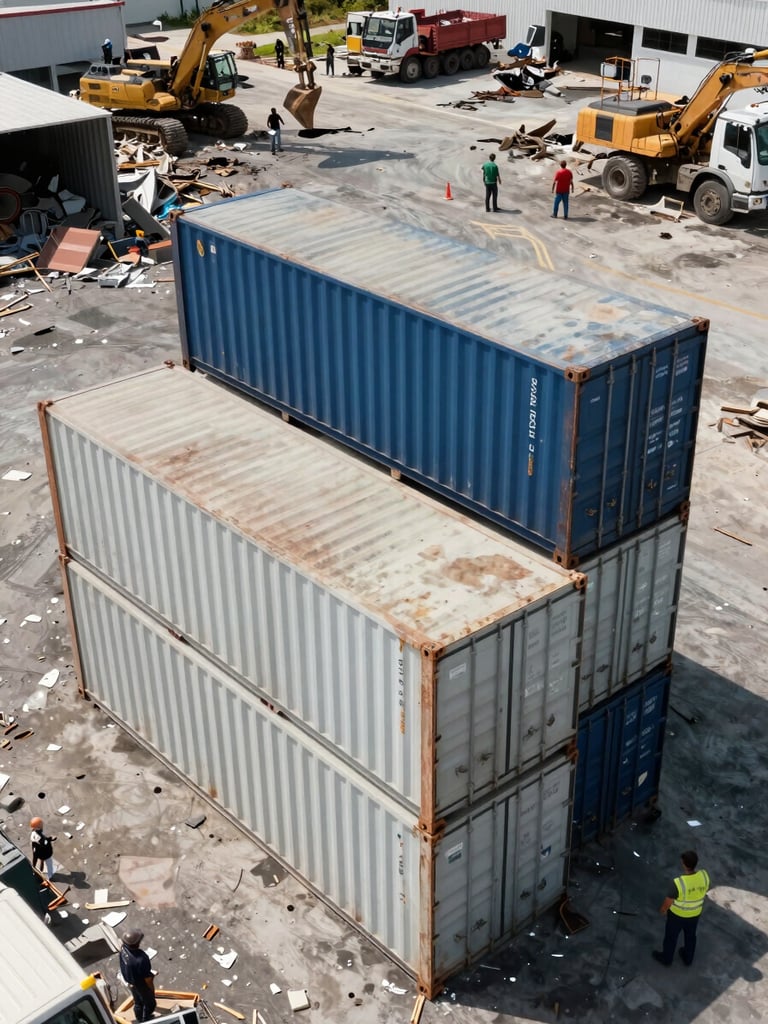 Elevated bird's-eye view of two stacked 40-yard roll-off containers at a Miami warehouse demolition yard, crews working in the background with heavy equipment visible, natural midday light, scale of operation prominent