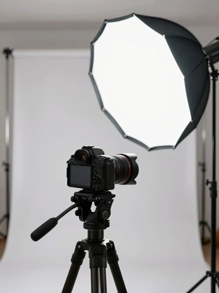 Close-up of a professional photography studio setup — a softbox light illuminating a clean white backdrop, a camera on a tripod in sharp foreground focus, organized and minimal space, bright even daylight mixed with studio strobe, no people visible, emphasis on equipment and professional environment