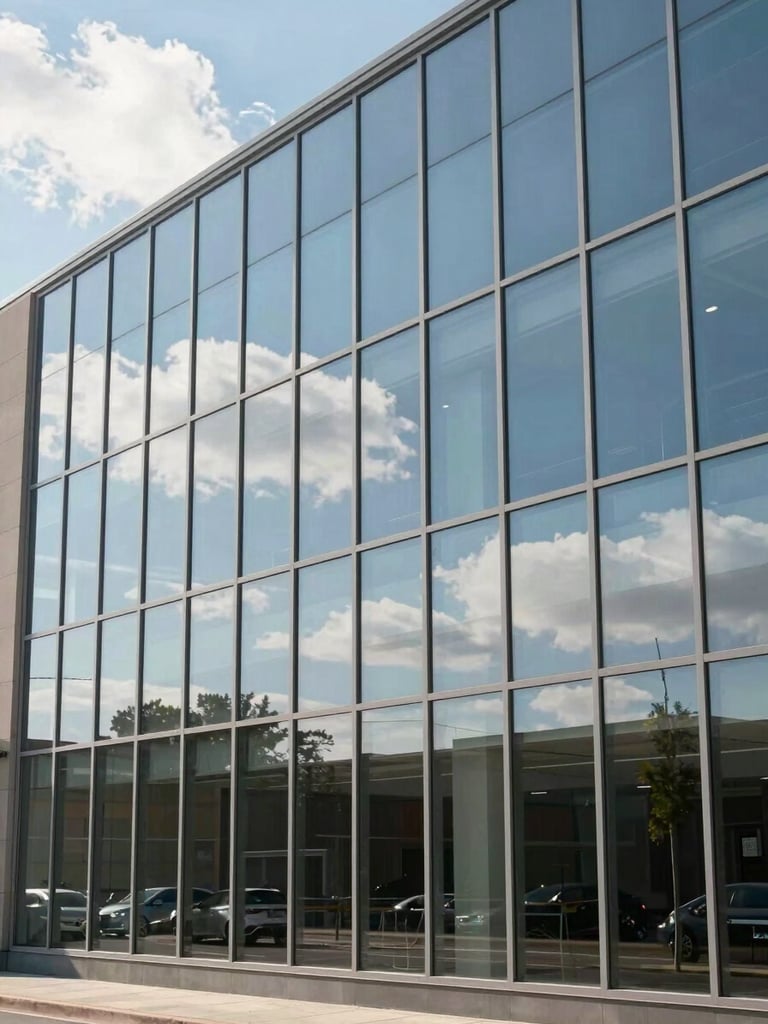 Wide shot from street level of a large commercial building facade, floor-to-ceiling glass panels freshly cleaned, sharp reflections of blue sky and white clouds visible in the glass surface, bright natural daylight, clean lines of the glazing grid, no people, no signage