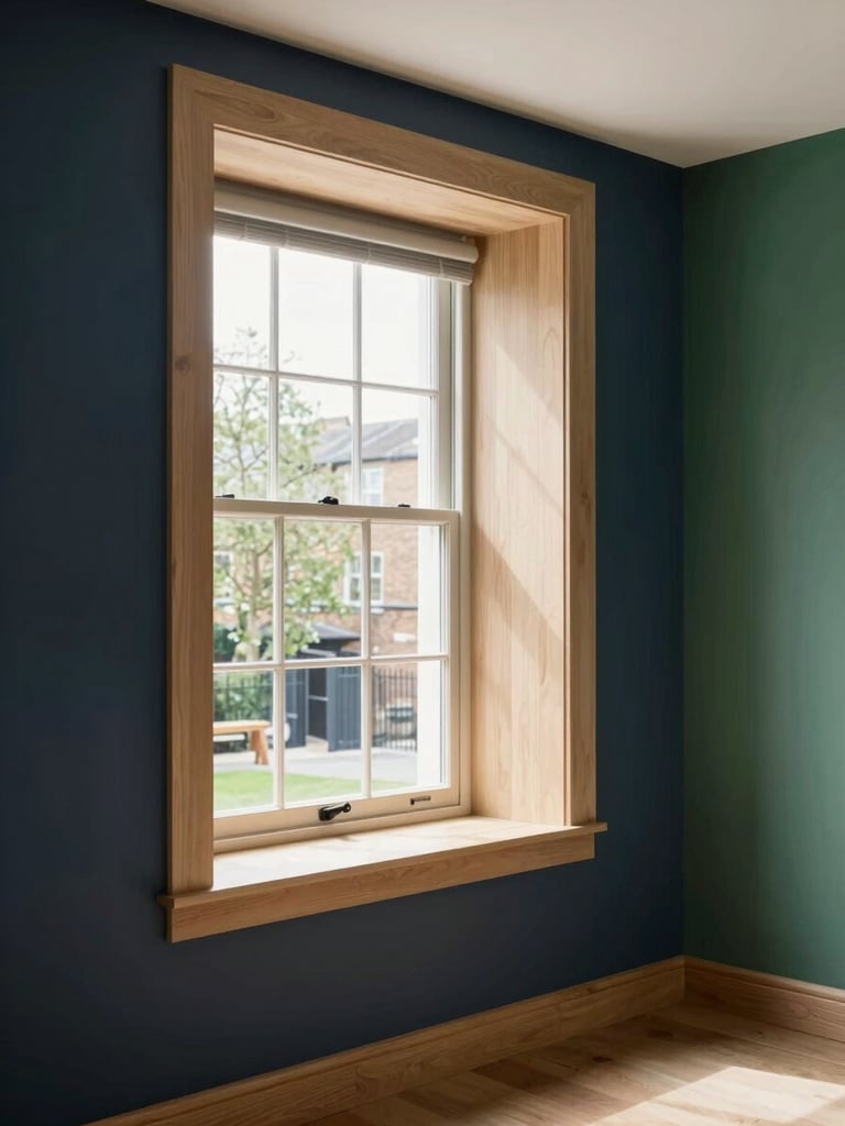 A bright, modern UK townhouse interior with clean lines, natural wood finishes, and soft daylight streaming through a large window, warm editorial property photography