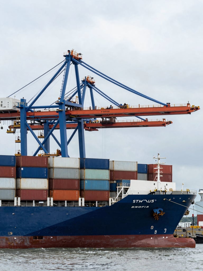 High-contrast industrial photo of container stacks and a large container ship docked at Port Klang, overcast maritime skies, cool industrial lighting.