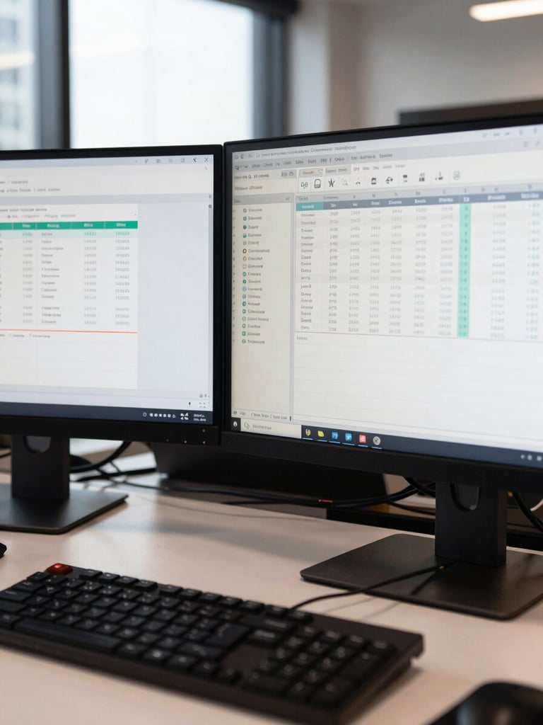 A sharp, high-contrast close-up of a modern dual-monitor setup in a Sydney office, displaying complex financial spreadsheets and credit calculators with clean natural daylight.
