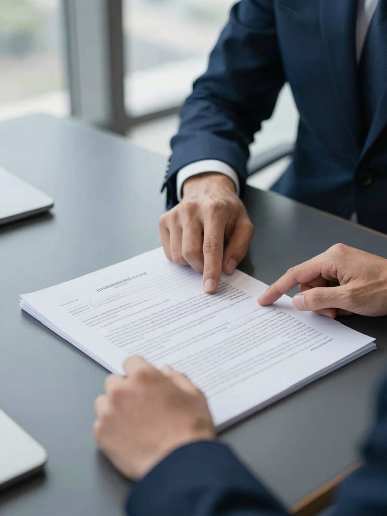 Close-up of a business professional's hands pointing at a legal document with various company formation options, on a modern desk, cool natural daylight, deep navy and slate tones, shallow depth of field, 35mm lens