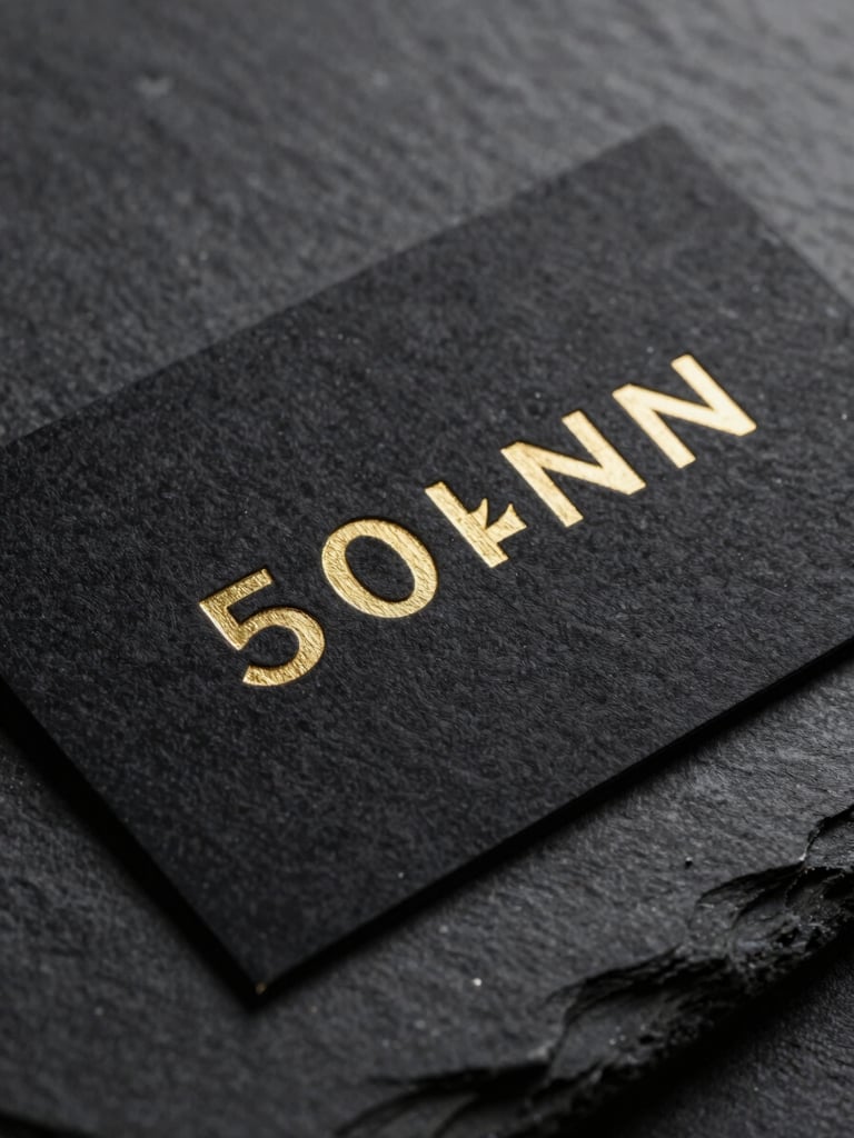 Macro close-up of a luxurious black paper business card with deeply embossed gold foil lettering, resting on a dark slate surface under soft directional studio lighting.