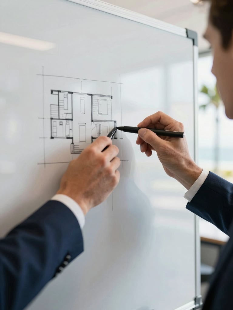 Medium close-up of hands sketching on a whiteboard in a modern office, focused on strategic planning, architectural blueprint visible, bright natural light, West Palm Beach setting.