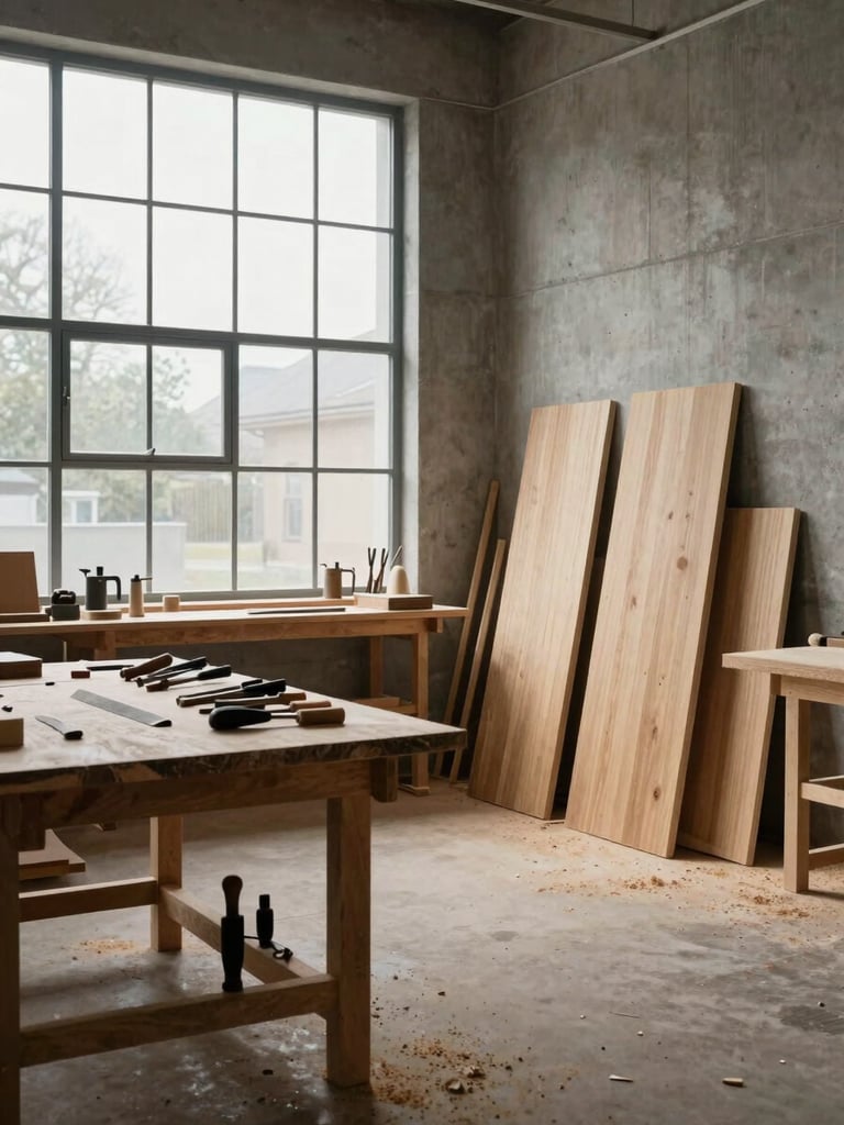 Wide view of a quiet woodworking atelier under north-facing daylight, workbenches with hand tools arranged precisely, raw oak panels leaning against a concrete wall to the right, sawdust on the floor, no people, cool diffuse light from large industrial windows