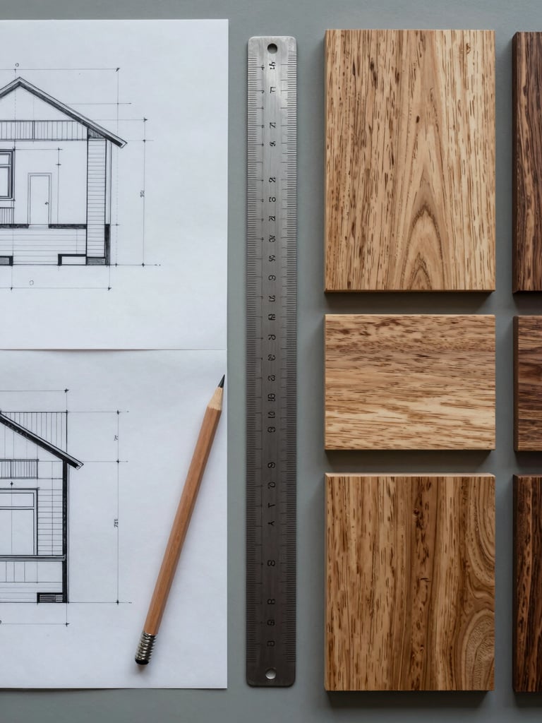 Overhead flat-lay of architect's desk under cool daylight, hand-drawn section drawings and wood grain samples arranged alongside a steel ruler and pencil, natural oak veneer and walnut board visible, muted surface, no hands