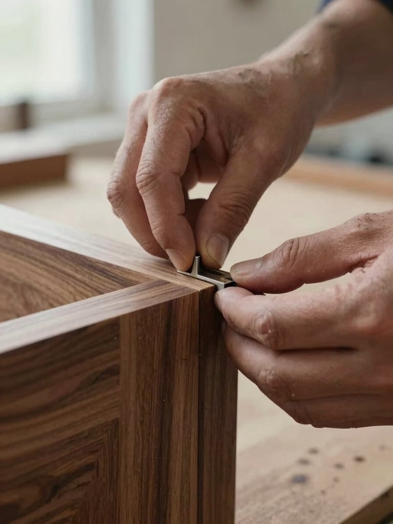 Extreme close-up of a craftsman's hands adjusting a mortise-and-tenon joint on a walnut panel, mid-fabrication, workshop bench in soft background blur, cool north-facing daylight from the left, grain and tool marks clearly visible