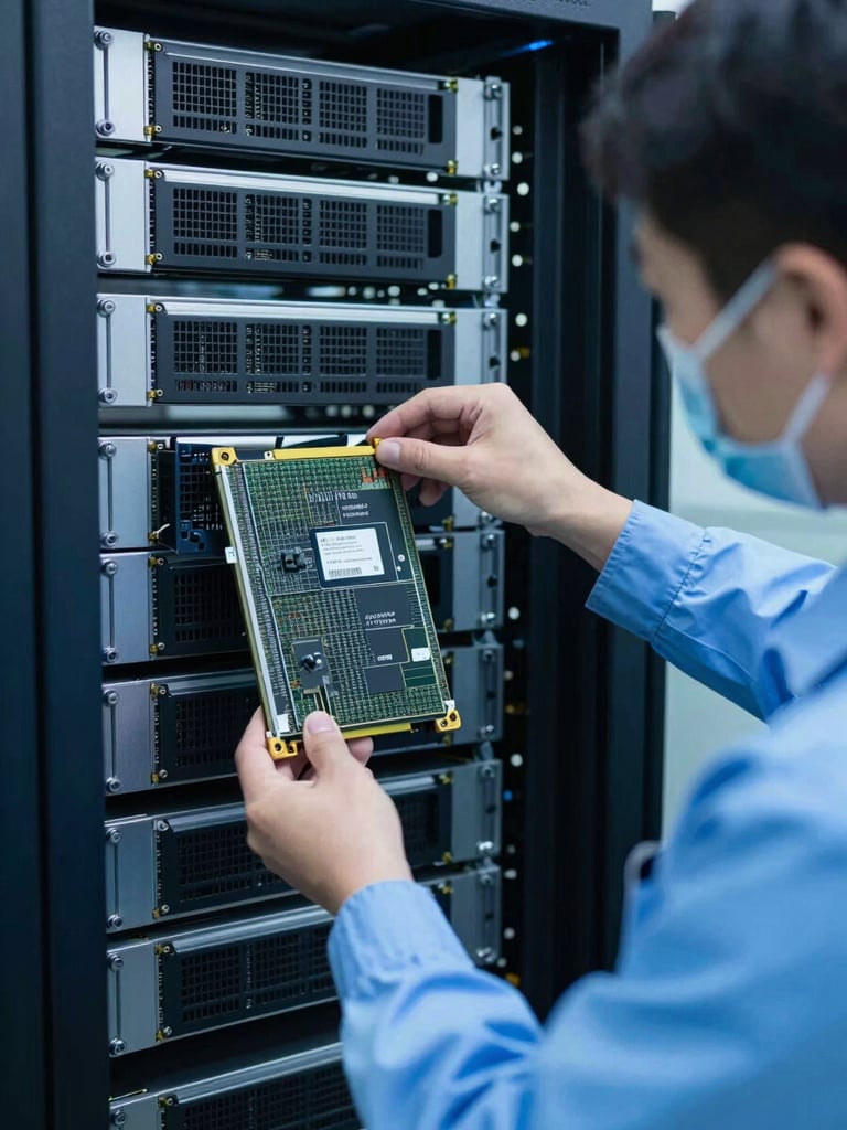 Clinical high-contrast close-up of a uniformed technician systematically removing a de-branded server blade from a cleanroom data center rack, cool blue lighting, technical framing.