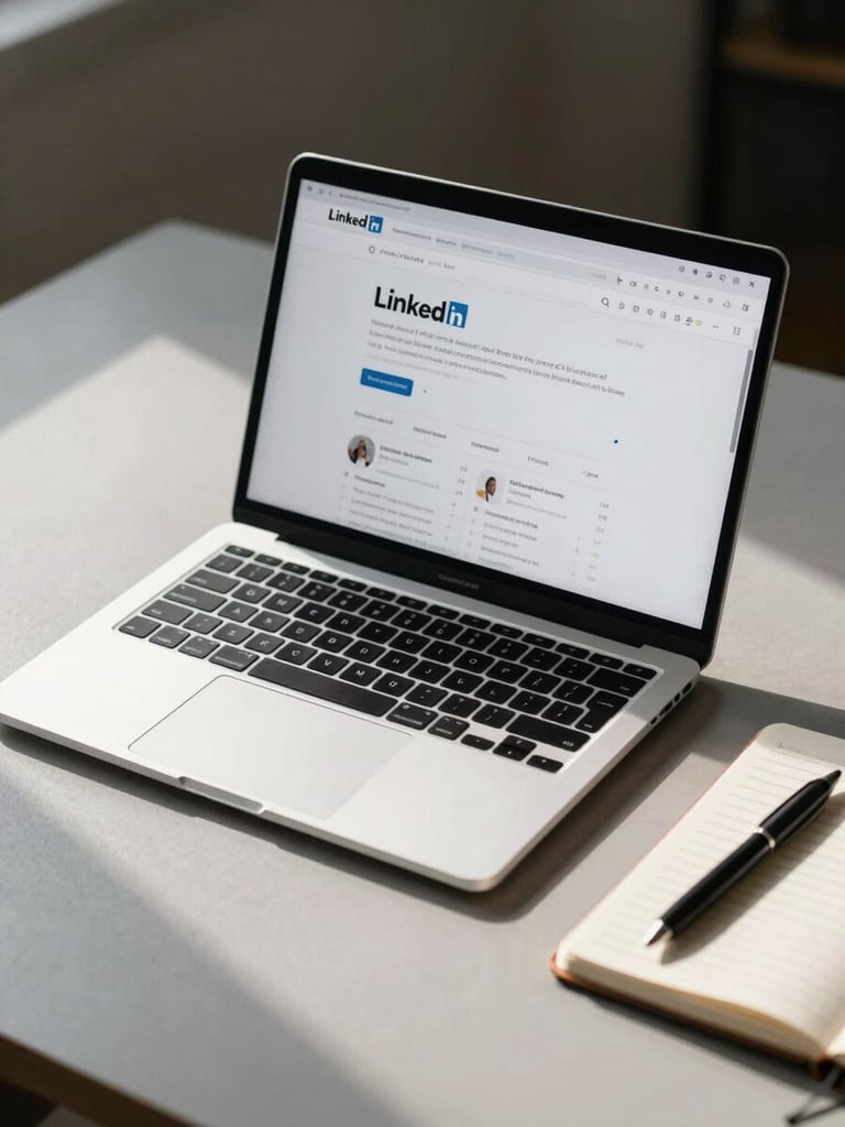 Wide environmental shot of an open laptop on a minimal desk surface, the screen showing a LinkedIn profile page with visible section headings, cool studio key-light from the left casting a clean shadow across the keyboard, notebook and pen in soft focus at right edge