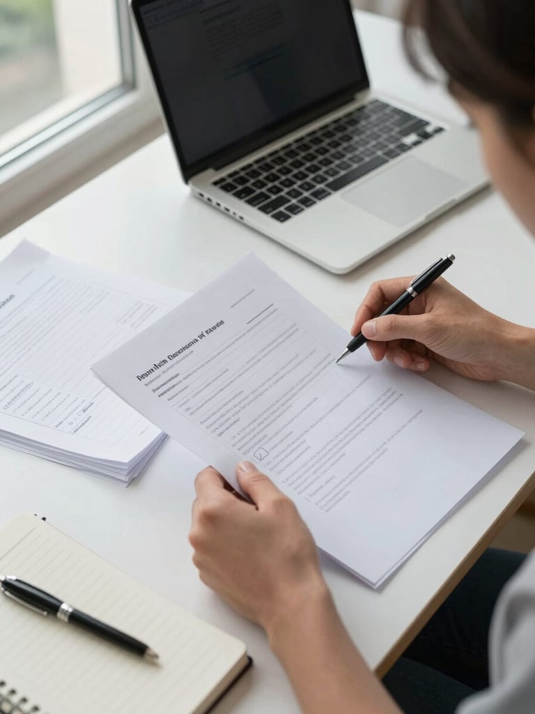 Close environmental shot from above a consultation table: a consultant's hands sorting through printed application documents and handwritten case notes beside a laptop screen, natural daylight from a window to the left, papers mid-arrangement, ink pen resting on an open notebook, no faces visible