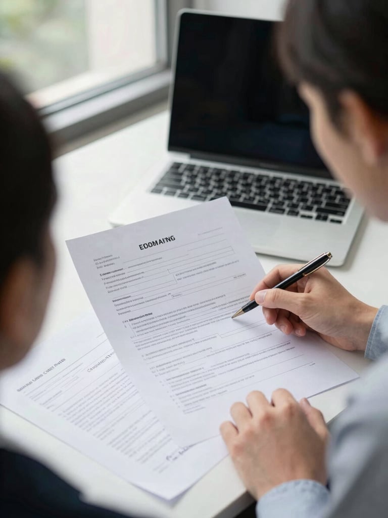 Close environmental shot from slightly above: a consultant and client seated across a desk, printed application forms and a laptop screen visible between them, the consultant pointing to a specific line on a document, natural daylight from a window to the left, paperwork and handwritten notes filling the foreground