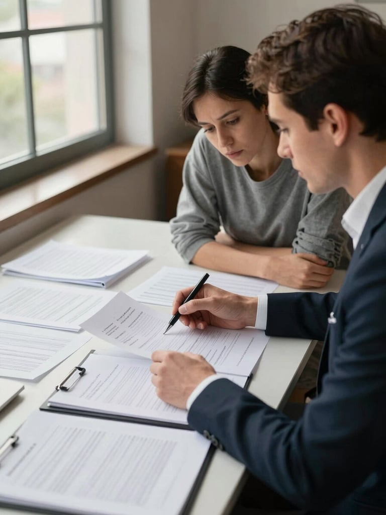 Close environmental shot from the side of a consultant and client seated at a wide desk covered in printed application forms and open folders, natural daylight from a large window to the left, consultant pointing at a document with a pen, client leaning forward attentively, warm office interior visible in background, no faces turned toward camera